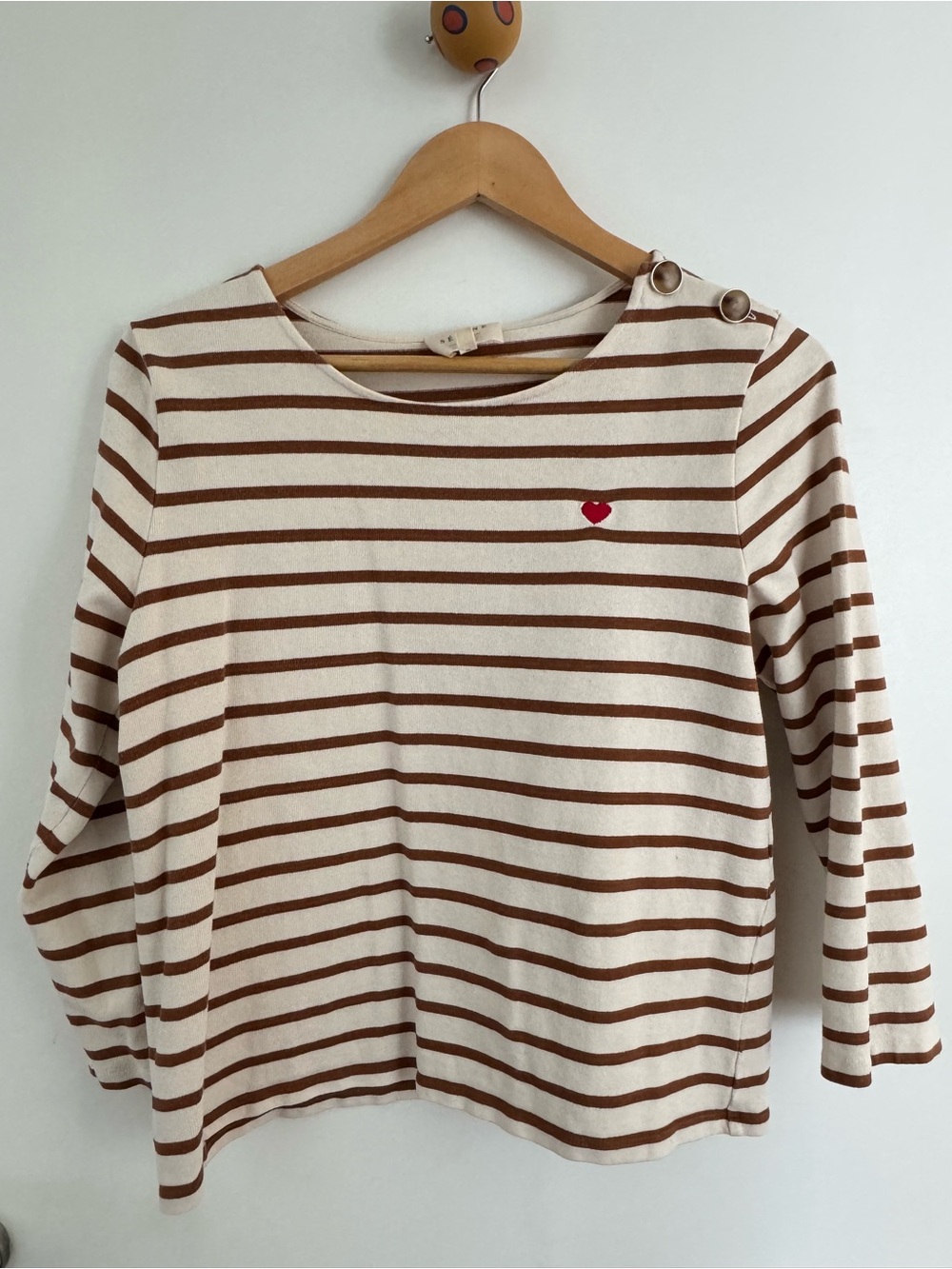 Sezane Cream and Brown Striped Boatneck Top with Red Heart